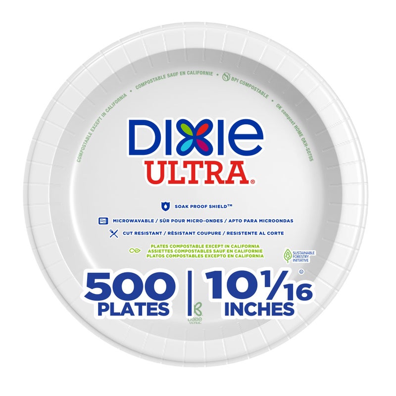 Georgia-Pacific Dixie Ultra 10 1/16 Inch Heavy-Weight Paper Plates, White, 500 Count, Bulk Case, 4 Packs/125 Count Per Pack, SXP10W - Image 1